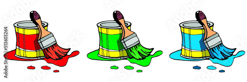 Can of paint and paint brush red green and blue set