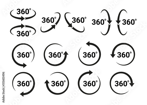 360 degrees arrow, rotate around set icon. Circle signs vertical, horizontal and diagonal view with arrows rotation to 360 degrees. Virtual reality. Rotate cycle, circular moving symbol. Vector