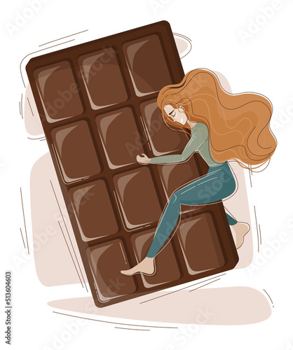 Happy red-haired girl hugging huge dark chocolate whole bar. World Chocolate Day card. Sugar free. Sweet lover.  Candy store. Advertising decorative flat composition. Tasty junk food. Design element.