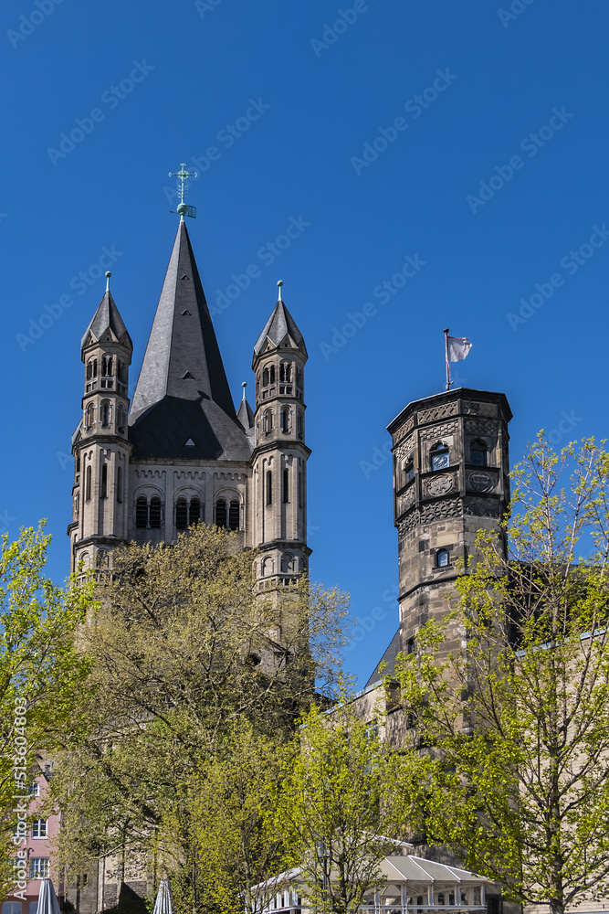 Fototapeta premium The Great Saint Martin Church (Gross Sankt Martin) foundations (circa 960 AD) rest on remnants of a Roman chapel. The church was later transformed into a Benedictine monastery. Cologne, Germany.