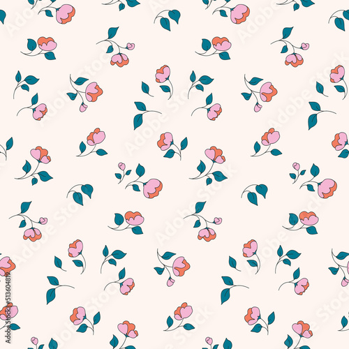 Seamless floral pattern, cute ditsy print with small sparse flowers on a white field. Pretty botanical background with hand drawn flowers and leaves on tiny twigs. Vector illustration.