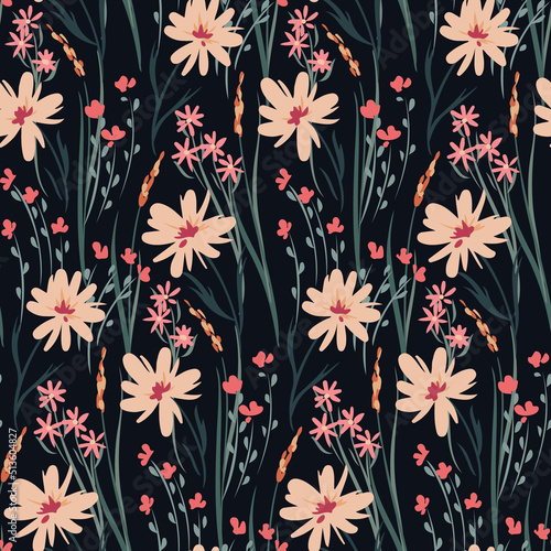 Seamless floral pattern with romantic meadow, hand drawn wildflowers. Cute ditsy print, beautiful botanical background with small pink flowers, leaves, wild herbs on a dark field. Vector.