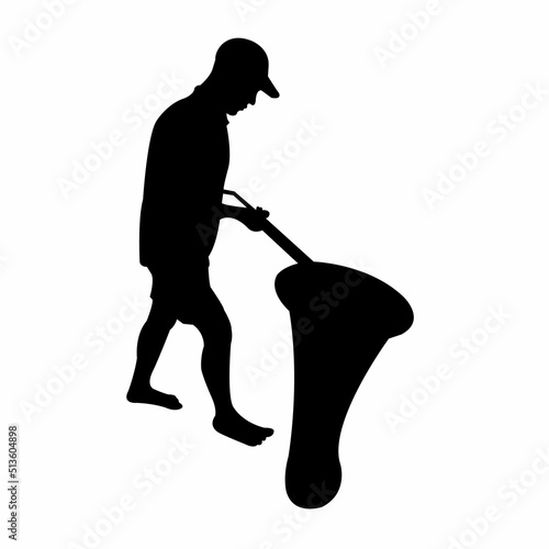 a man holding a fishnet and walking, silhouette vector
