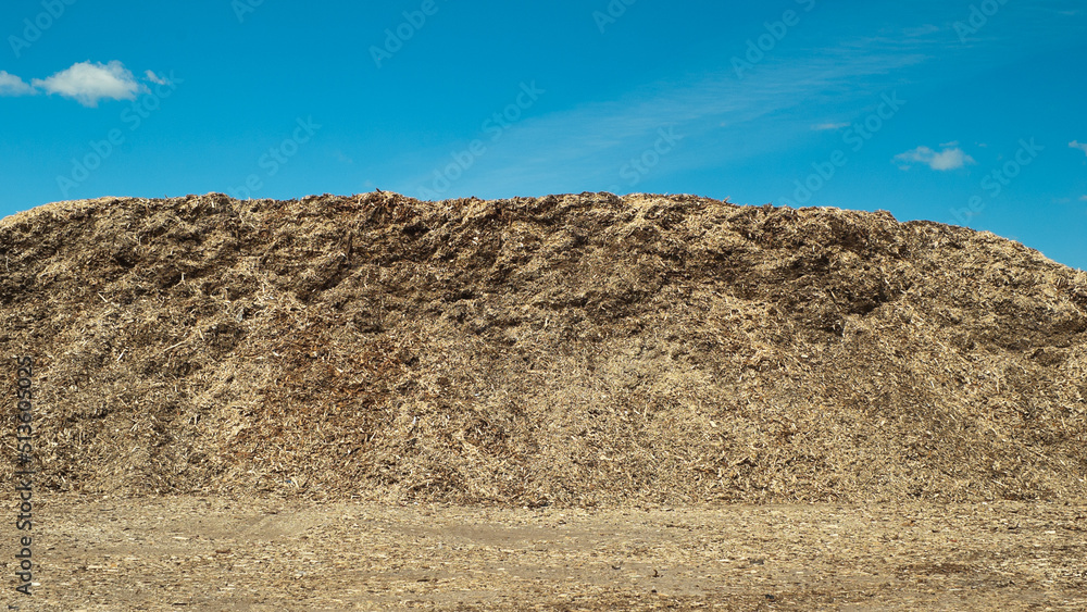 a product of wood processing, in the photo mountains of wood chips and sawdust against a blue sky a product of wood processing, in the photo mountains of wood chips and sawdust against a blue sky