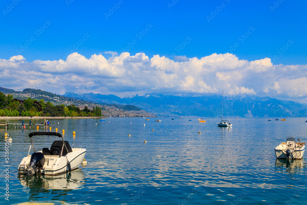 View of Lake Geneva with boats in Lausanne, Switzerland
