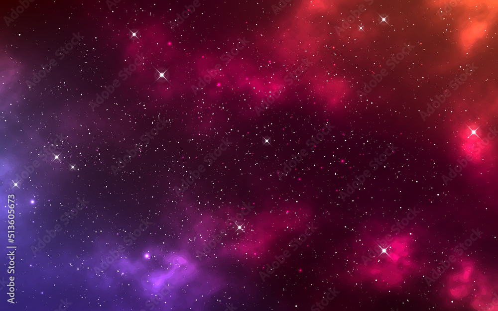 Color galaxy. Bright cosmos texture with constellations. Realistic starry nebula. Glowing space backdrop. Colorful cosmic wallpaper. Vector illustration