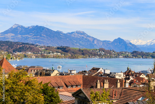 View of the old town of Lucerne (Luzern) city and Lake Lucerne in Switzerland. View from above © olyasolodenko