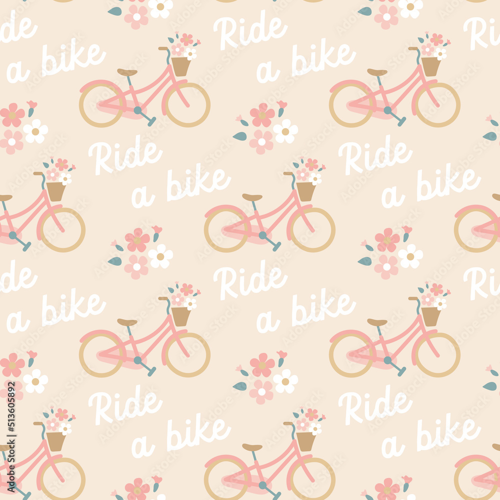 sweet cute seamless repeat romantic boho bicycle with basket of flowers pattern in light pink beige colours 