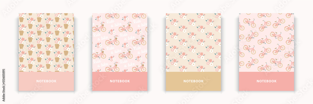 4 sweet cute seamless repeat romantic boho flowers bicycles pattern notebook covers in light pink beige colours 