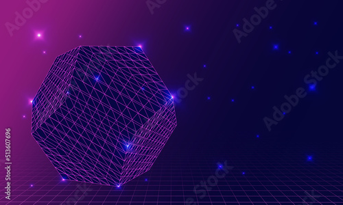 Virtual space with pentagon and stars in the background. Vector wire landscape, futuristic space. Vector illustration.