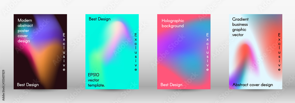 Set for liquid. Holographic abstract backgrounds.  Bright mesh blurred pattern in pink, blue, green tones.  Fashionable advertising vector in retro for book, annual, mobile interface, web application.