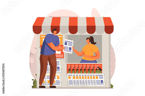 Street shops web concept in flat design. Man buys new newspaper in street newsstand. Woman sells latest press, magazines and paper mass media in showcase kiosk. Vector illustration with people scene