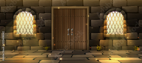 Vector cartoon style illustration banner for web video games. Old wooden door with arc windows and glowy mystery light coming in. Brick wall.