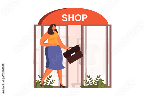 Street shops web concept in flat design. Woman consumer goes shopping and walks by boutique showcase at street. Buyer making purchases and standing by store door. Vector illustration with people scene