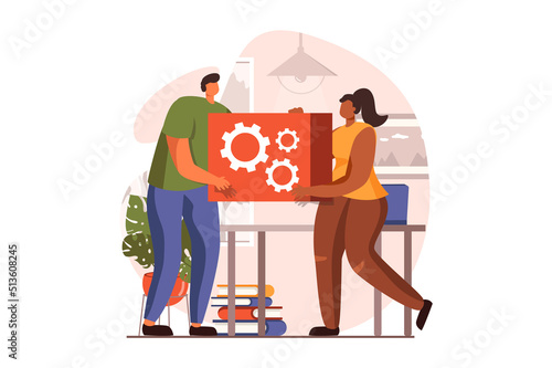 Teamwork web concept in flat design. Man and woman cooperate and optimize business processes, work as team on project, partnership, innovation and development. Vector illustration with people scene