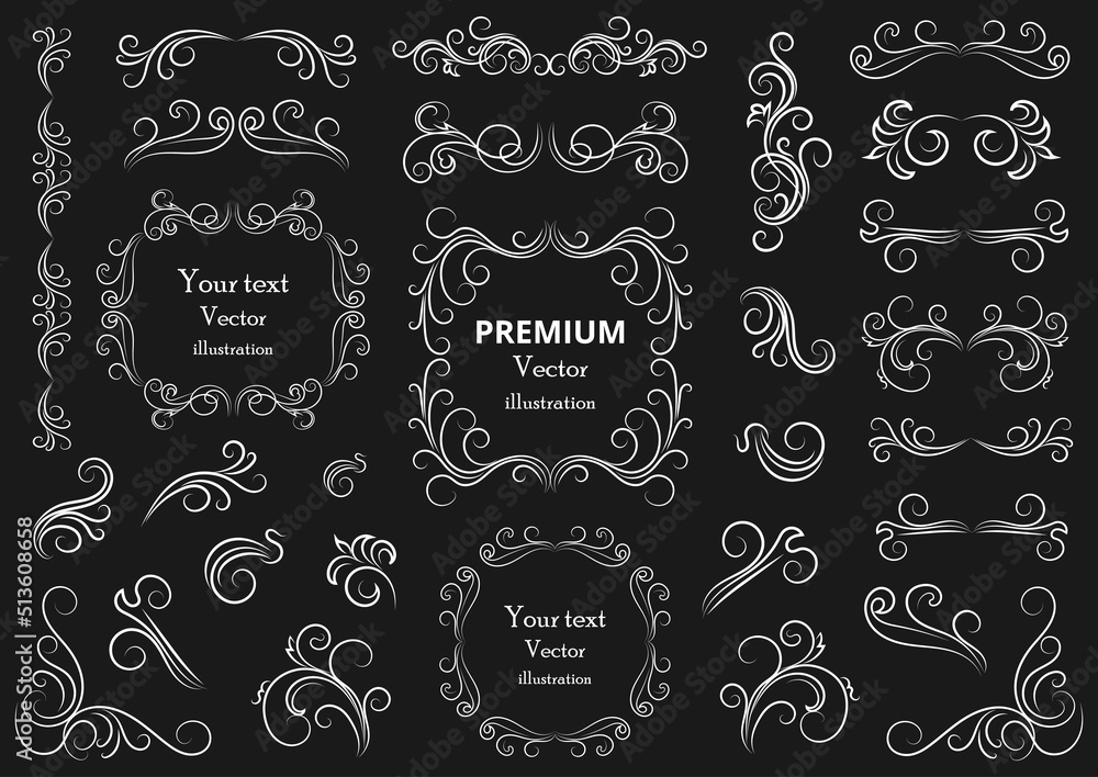 Calligraphic design elements . Decorative swirls or scrolls, vintage frames , flourishes, labels and dividers. Retro vector illustration