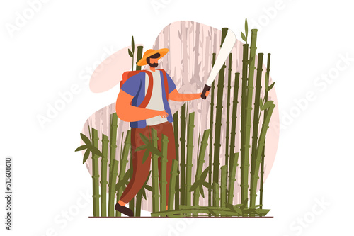 Travelling web concept in flat design. Man with backpack goes on trip walking with machete in bamboo forest. Traveller going in expedition and hiking in jungle. Vector illustration with people scene