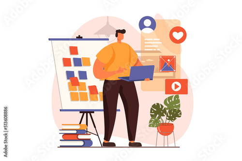 Ui and ux designers web concept in flat design. Man creating, testing and optimizing interface layout for smartphone apps, working on tasks on laptop in office. Vector illustration with people scene