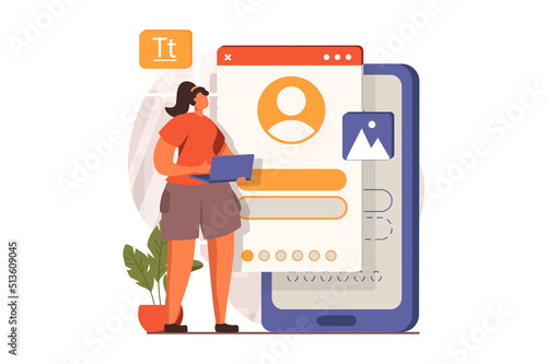 Ui and ux designers web concept in flat design. Woman creating and optimizing interface layout for smartphone applications and working on computer in office. Vector illustration with people scene