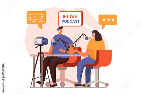 Video streaming web concept in flat design. Man and woman doing live podcast stream and recording video content on camera in studio. Blogging and social networks. Vector illustration with people scene