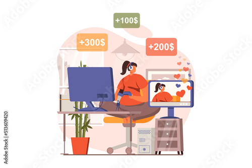 Video streaming web concept in flat design. Woman makes live stream, gaming, communicates with followers and receives donations. Blogging and social networks. Vector illustration with people scene
