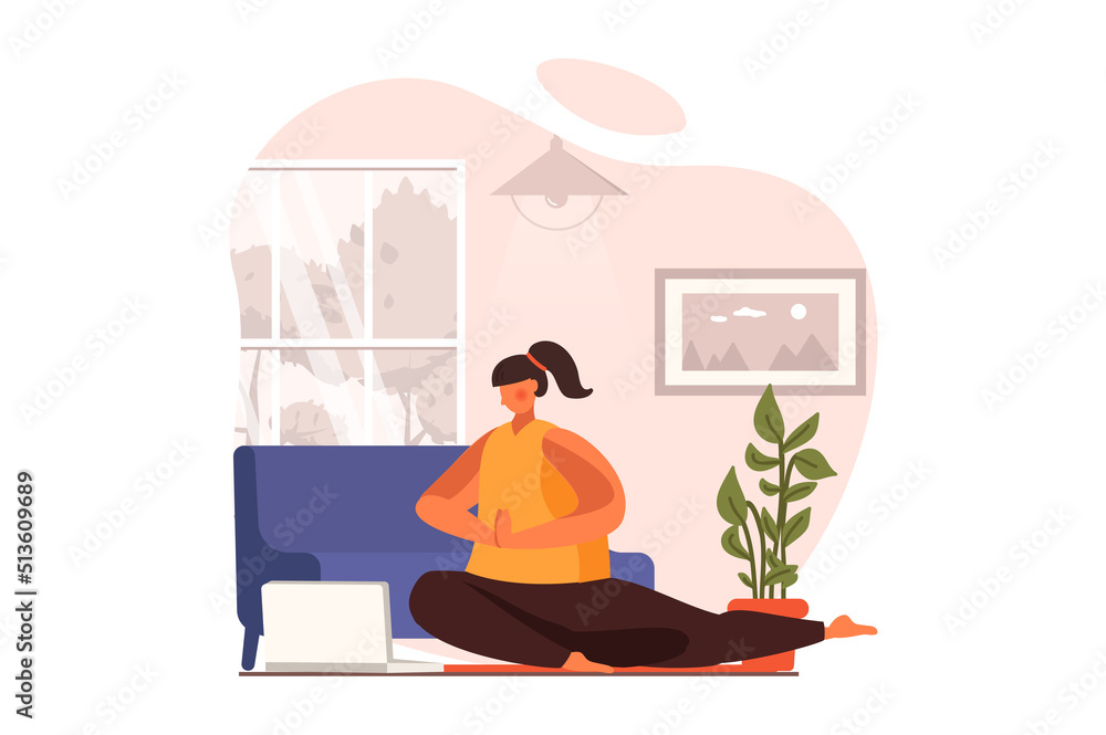 Yoga web concept in flat design. Woman practices yoga asanas with video lessons. Female athlete making exercises with online trainer at home. Healthy lifestyle. Vector illustration with people scene
