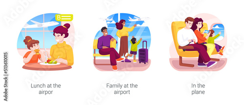 Family at the airport isolated cartoon vector illustration set