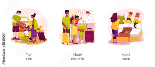 Hotel check-in isolated cartoon vector illustration set
