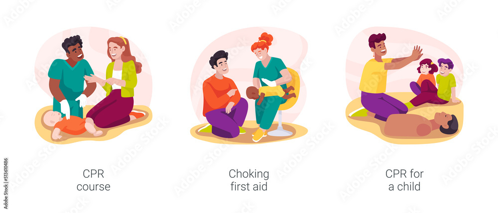 CPR course for parents isolated cartoon vector illustration set