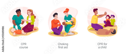 CPR course for parents isolated cartoon vector illustration set