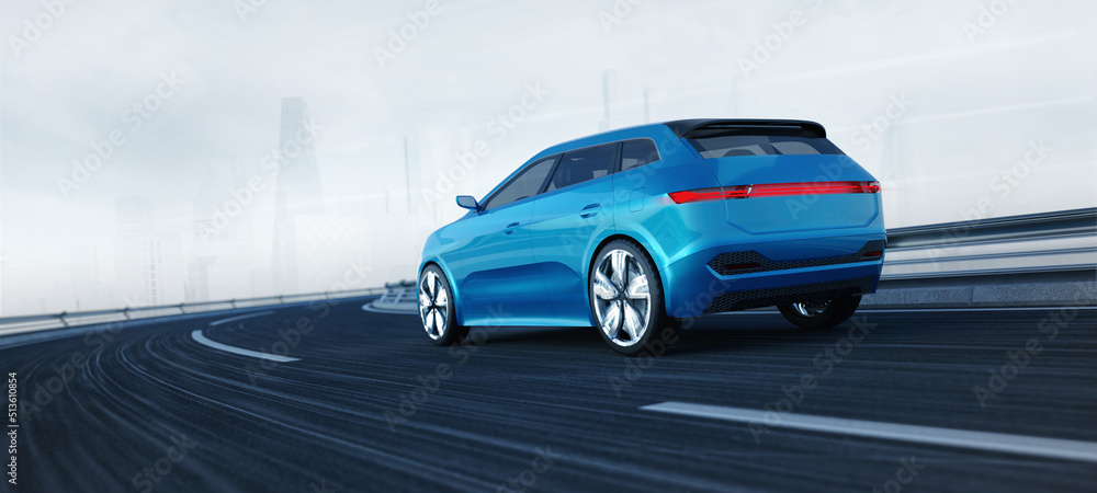 Modern blue SUV car on the road in motion blur and city skyline on the background. Professional 3d rendering of own designed generic non existing car model. - obrazy, fototapety, plakaty 
