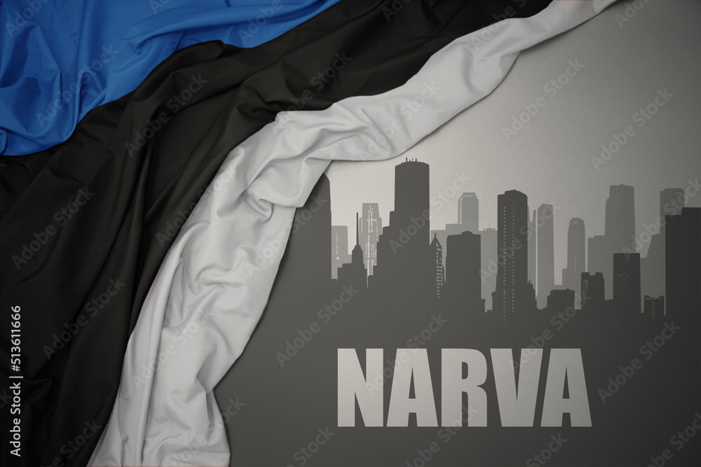 abstract silhouette of the city with text Narva near waving national flag of estonia on a gray background.