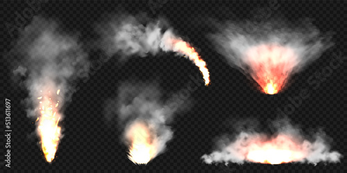 Realistic smoke clouds and fire. Flame blast, explosion. Stream of smoke from burning objects. Forest fires. Transparent fog effect. White steam, mist. Vector design element.