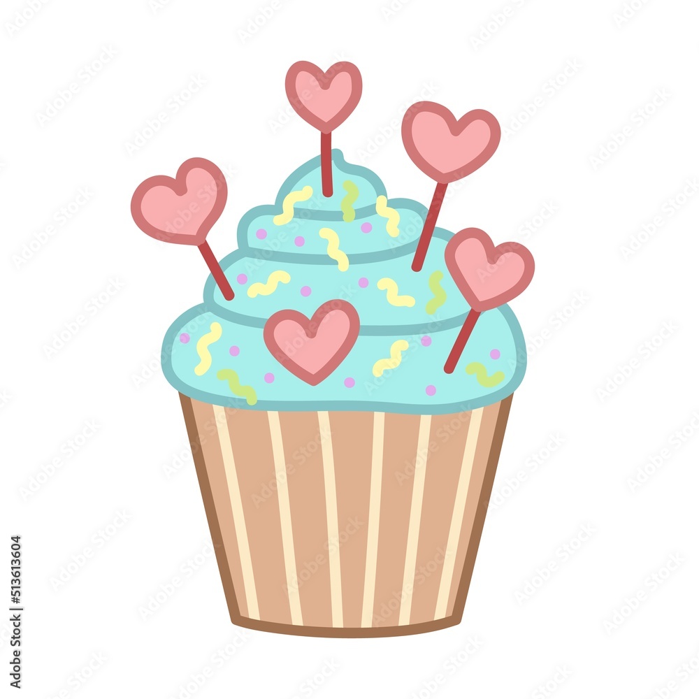 Cupcake with blue icing and hearts. Cartoon style. Vector illustration isolated on white background. Cupcake with blue icing and hearts. Cartoon style. Vector illustration isolated on white background.
