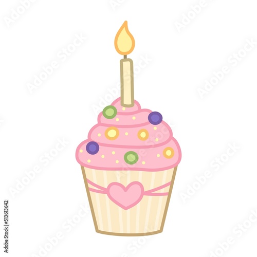 Cute cupcake with pink icing and candle. Cartoon style. Vector illustration isolated on white background.