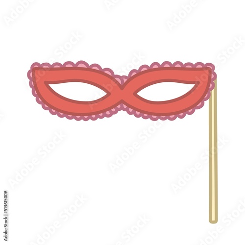 Red carnival mask with stick. Vector illustration isolated on white background.