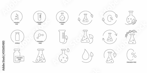 Paraben free icon symbol set. Editable stroke. Vector stock illustration isolated on white background for packaging design in beauty industry. 