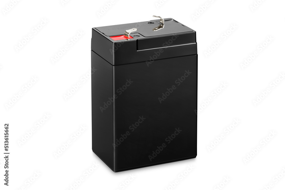 Three quarter view of black 6 volts 4,5 Ah battery, isolated on white Three quarter view of black 6 volts 4,5 Ah battery, isolated on white