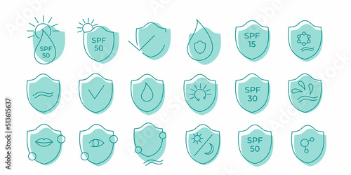 SPF 50, 30, 15 sun protection icon set. Vector stock illustration isolated on white background for packaging design sunscreen face cream, body lotion, hair shampoo. 