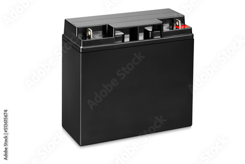 Three quarter view of black 12 volts 18 Ah battery, isolated on white