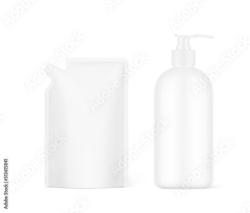 Pouch bag with dispenser bottle  mockup. Vector illustration isolated on white background. Perfect for final pack shot. Can be use for refilling soap, liquids and other. EPS10.	