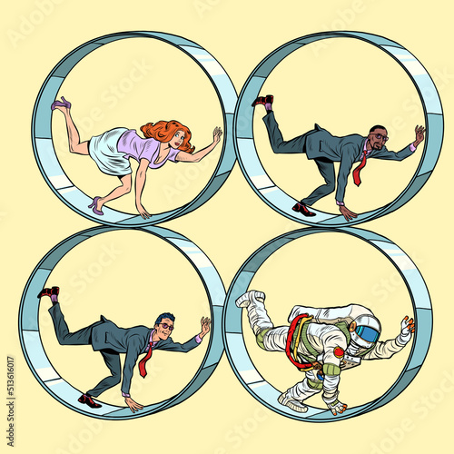 set of people in a squirrel wheel. Routine monotonous work. A man in captivity of his affairs
