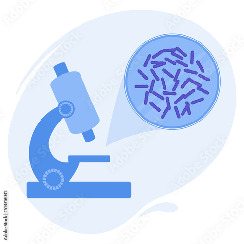 Rod shaped bacilli bacteria under the microscope. Medical research of microbes. Biochemistry and analysis concept. Vector illustration.