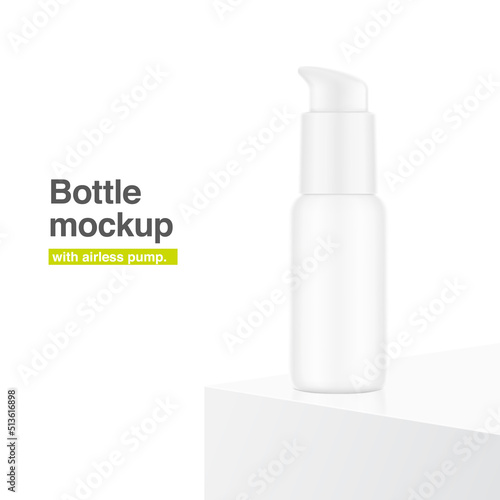 Airless pump bottle mockup with podium isolated on white background. Vector illustration. Сan be used for cosmetic, medical and other needs. Symmetrical lighting scheme. EPS10.	