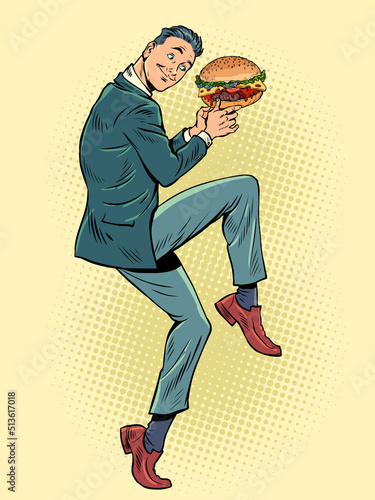 Businessman in a funny pose. whopper burger in hands, street food