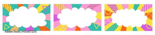 Radial beam stripes title vector abstract background. Comic page layout with cloud and speech bubble. Pop art comic cover template. 90s fun girlish design, nineties frame banner template collection