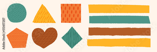 Washi tape set with different patterns. Scotch, color patterned adhesive tape collection, different size pieces. Scrapbooking collection, border banners, vector elements isolated on white background