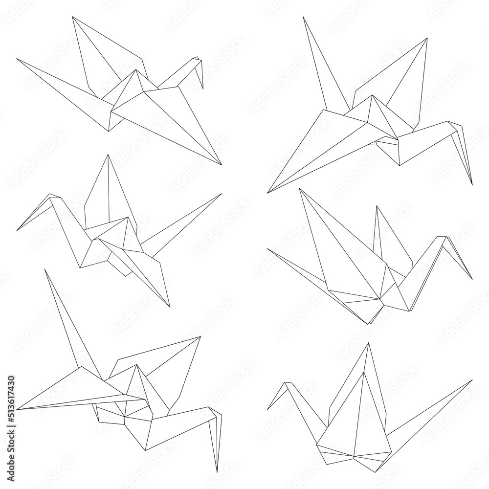Set of origami crane vector outline illustration icon isolated on white