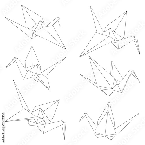 Set of origami crane vector outline illustration icon isolated on white background. Japanese traditional origami crane for infographic, website or app. Geometric line shape for art of folded paper.