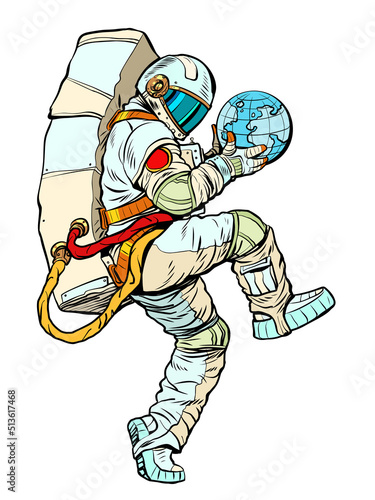 astronaut holding planet earth in hands, ecology science and world economy theme. man in a funny pose